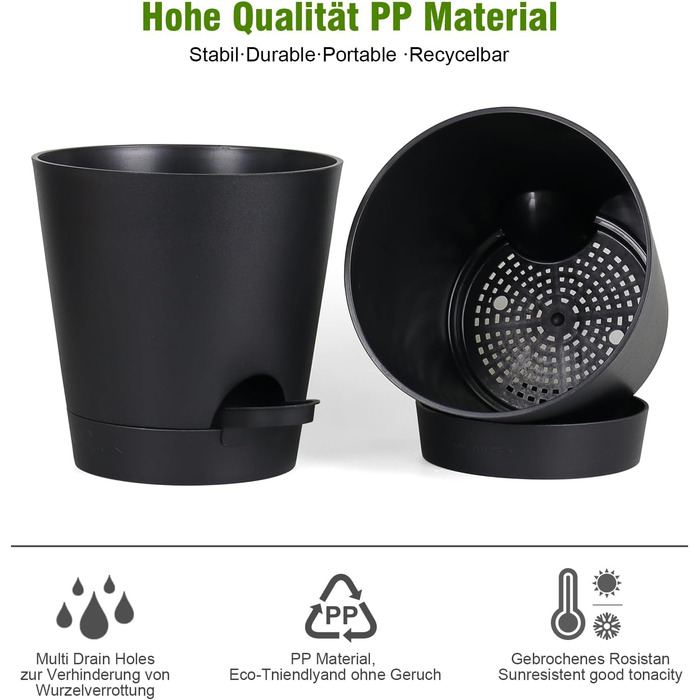 Набір горщиків для квітів 6 шт. з автополивом, чорний. Підходить для дому та балкона. Розміри: 20.3-12.7 см.