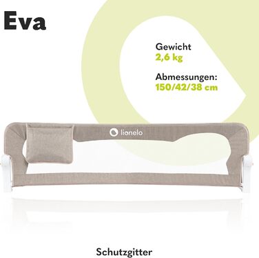 Бортик для ліжка Lionelo Eva захисний, 150 см, бежевий - сітка, складаний (180°), легкий монтаж