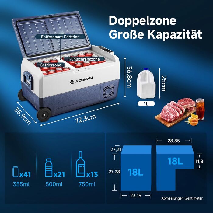 Автомобільний компресорний холодильник AAOBOSI 50л з Wi-Fi, 12/24V та 220V, -20°C для авто, кемпінгу, подорожей, двозонний, з регулюванням температури