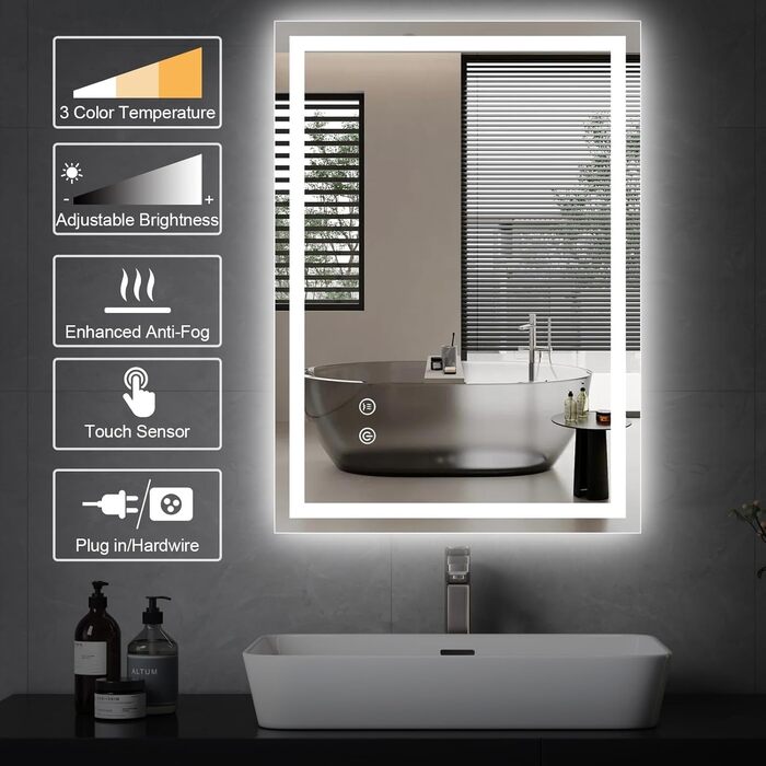 Дзеркало для ванної кімнати Youyijia з підсвічуванням, 70x50 см, антизапітніюче, сенсорне керування, 3 кольори світла, регулювання яскравості