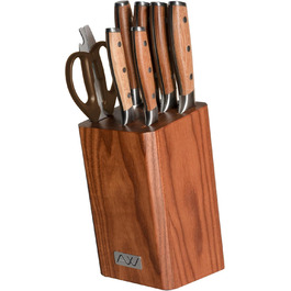 Набір кухонних ножів Rockingham Forge Ashwood 8 предметів з дерев'яною підставкою, точилка та ножиці – професійні ножі з нержавіючої сталі, преміум-якість