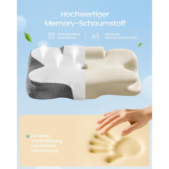 Ергономічна подушка SONGMICS з ефектом пам'яті (Memory Foam), регульована за висотою, для сну на боці, спині та животі, біло-сіра TBP051GZ02