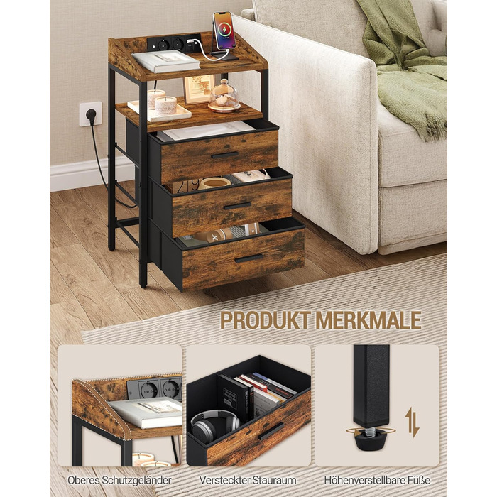 Приліжкова тумбочка Hzuaneri з LED-підсвіткою та функцією зарядки, 3 висувні ящики з тканини, USB-порти та розетки, для спальні/вітальні, чорний/коричневий, NS36301BEU, 1 шт.