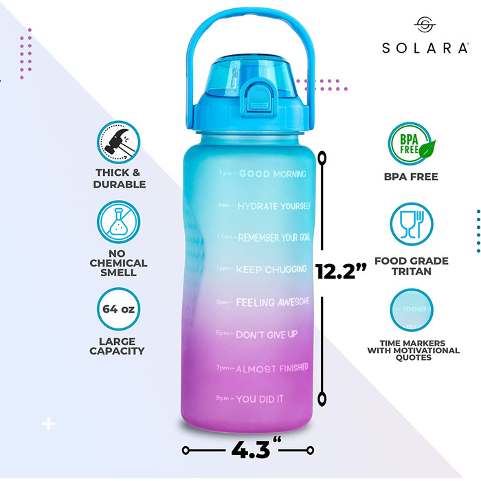 Пляшка для пиття SOLARA з соломкою / пляшка для пиття об'ємом 1 л з позначкою часу / пляшка для води Tritan об'ємом 1 л з позначкою часу / герметична пляшка для води об'ємом 1000 мл з соломинкою, що не містить бісфенолу А (Блакитна Фуксія, 2 літри)