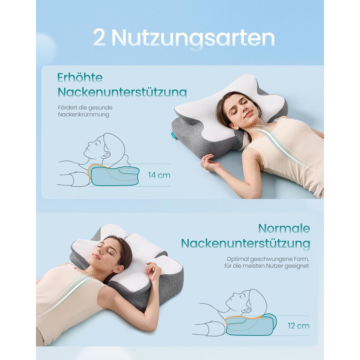 Ергономічна подушка SONGMICS з ефектом пам'яті (Memory Foam), регульована за висотою, для сну на боці, спині та животі, біло-сіра TBP051GZ02