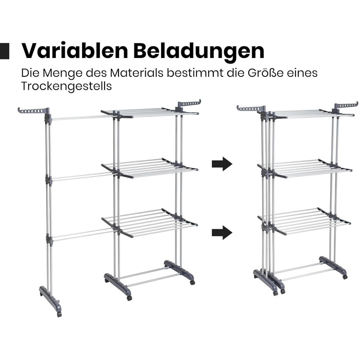 Вежа для сушіння дуба та чаю - 4 полиці, розкладні 83-200 см, з колесами, для внутрішнього та зовнішнього використання, сірий