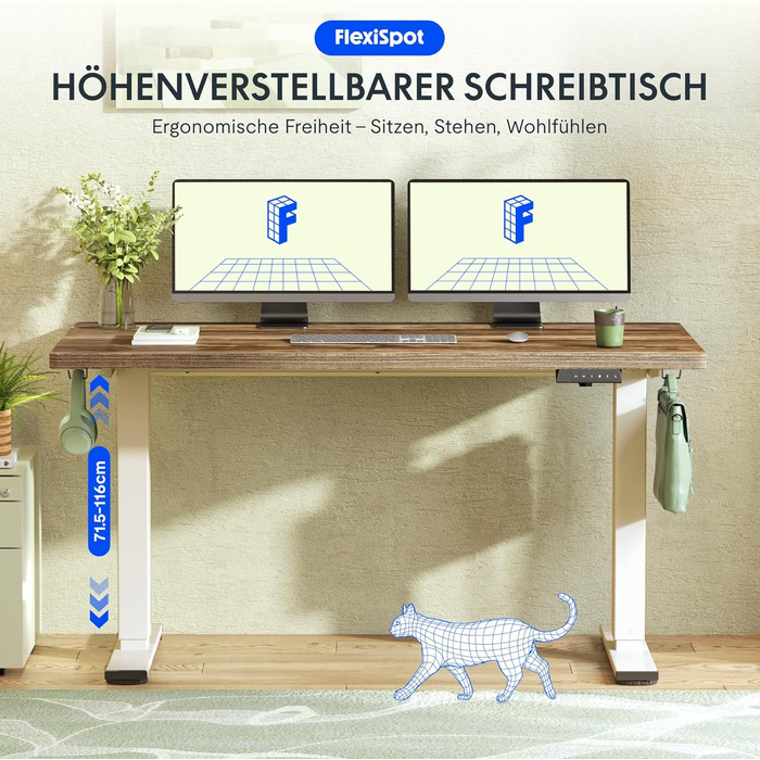 Регульований стіл FLEXISPOT 160x80 см з гачками та стільницею 25 мм, LED-дисплеєм та функцією пам'яті (Акорн, Білий)