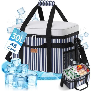 Термосумка-холодильник Lifewit 30л для пікніка, їжі та напоїв (Blaugrau Gestreift)