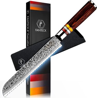 Японський кухонний ніж FANTECK Gyuto 20 см з дамаської сталі 67 шарів (8 дюймів) з ручкою Pakkaholz [Подарункова коробка]