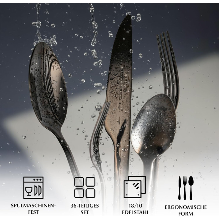 Набір столових приборів Miamio для 6 осіб (36 предметів) – нержавіюча сталь 18/10, чорний колір, придатний для миття в посудомийній машині