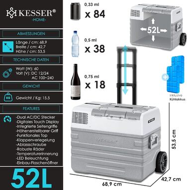 Автомобільний компресорний холодильник KESSER® 42L з Wi-Fi, 12/24/230V. Морозильна камера до -20°C, колеса, телескопічна ручка для кемпінгу, фургону, вантажівки, човна + 2 акумулятори холоду