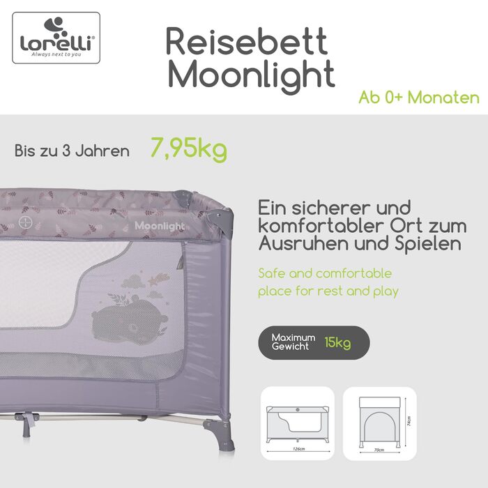 Lorelli Babybett und Laufstall Moonlight 2 в 1: дитяче ліжко та ігровий центр, рожевий, з транспортною сумкою