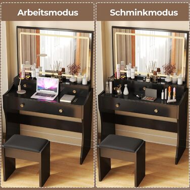 Трюмо COMHOMA з підсвічуванням, дзеркалом та прихованою LED-смугою, зі стільцем та 5 висувними ящиками, з розеткою, 3 колірні температури та регульована яскравість, білий (чорний)