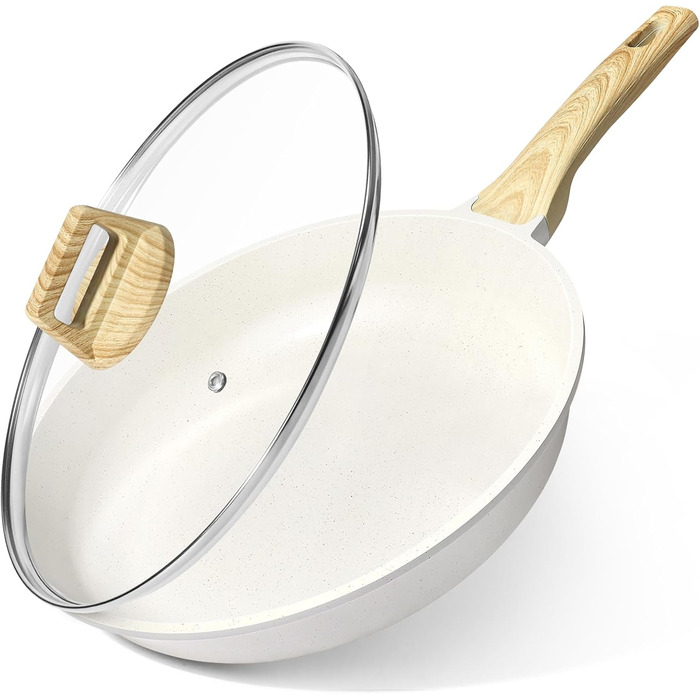 Сковорода з керамічним антипригарним покриттям GiPP – 24 см, здорова, нетоксична, для індукційних плит, без PFAS та PFOA, можна мити в посудомийній машині, з холодною ручкою, білий колір (білий, кришка 30+ см)