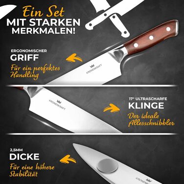 Набір кухонних ножів Kronenkraft 9-ти частинний з підставкою: 6 ножів, куряча ножиця та точилка. Матеріал ручки: Pakkaholz. Включає саторі, ніж кухаря, хлібний ніж.