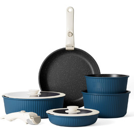 Набір каструль та сковорідок RIOVARM з індукційним дном та знімними ручками, з антипригарним покриттям (граніт), компактний, з силіконовими кришками, без PFOA