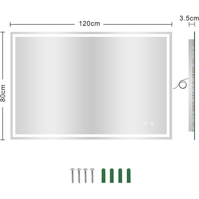 Дзеркало для ванної кімнати з LED-підсвічуванням Dripex 50x70 см, Touch-перемикач, антизапар, холодне біле світло 6400K, енергозберігаюче
