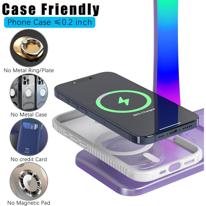 Підставка для навушників з бездротовим зарядним пристроєм, RGB-підсвічуванням, сумісна з Airpod Max, Airpod Pro/3/2, iPhone 16/15/14/13/12/11, Samsung, подарунок для геймерів (фіолетовий)