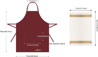 Фартух Viedouce з 2 упаковок, водонепроникний фартух шеф-кухаря з кишенями, Регульований кухонний фартух, фартух для барбекю, нагрудний фартух, кухонний фартух (1 Червоний фартух 1 кухонний рушник)
