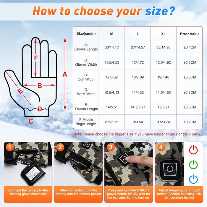 Електричні гріючі рукавички Ychee Camouflage, 7.4V, 22.2Wh, водонепроникні, двошарові, для кемпінгу (M)