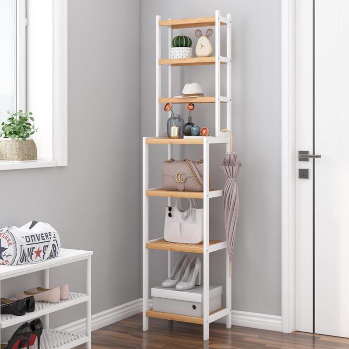 Стелаж для ванної кімнати та кухні FOREHILL з 7 полицями (160x36x28 см) - бамбук та білий