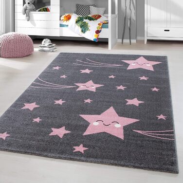 Дитячий килим з коротким ворсом Smiling Star Design Дитяча кімната Ігрова кімната 11 мм Висота ворсу М'яка прямокутна кругла доріжка Розмір (200x290 см, рожевий)