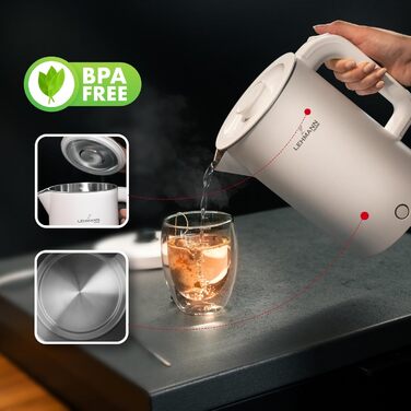 Електричний чайник Lehmann Edelstahl 1.7L, 2200W з подвійними стінками, автоматичне відключення, захист від перегріву, BPA-free, для дитячого харчування, чаю та кави (Білий)