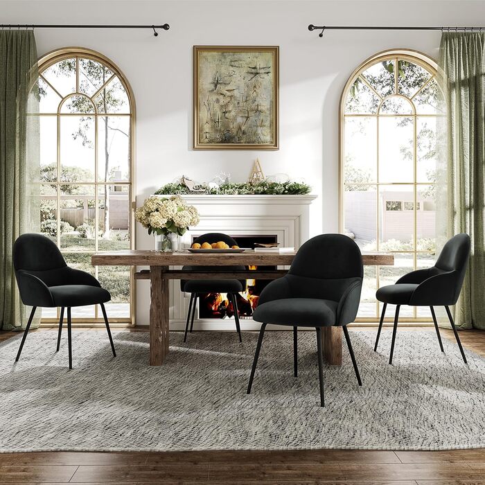 Набір обідніх стільців з підлокітниками – 4 шт. Ергономічні м'які стільці з тканинним покриттям та металевими ніжками для кухні, вітальні, їдальні, бежевий/чорний (велюр)