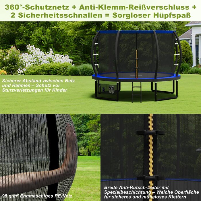 Батут садовий Devoko Ø305 см з захисною сіткою та драбиною, блакитний - для дітей та дорослих, сертифікат GS