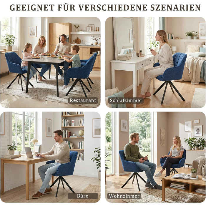 Обідні крісла поворотні, сірі, з підлокітниками, 6 шт. М'які крісла для кухні та вітальні з металевими ніжками, з тканини (темно-синій льон)