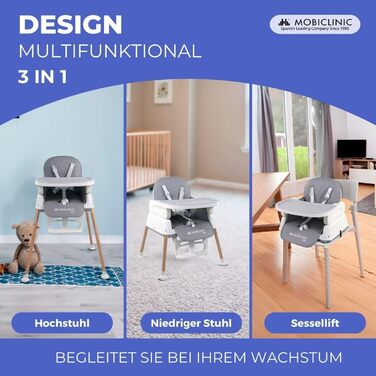Дитячий високий стільчик Mobiclinic Kiara 3-в-1: регульований столик, 5-точкова система кріплення, для дітей 6-36 місяців (до 15 кг), водовідштовхувальне текстильне покриття