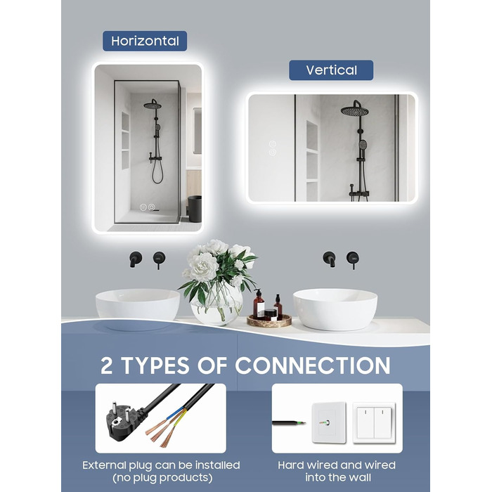 Дзеркало для ванної кімнати Habison з підсвічуванням LED, 50x70 см, сенсорне керування, регулювання кольору світла, пам'ять, протитуманне покриття, матове, без Bluetooth