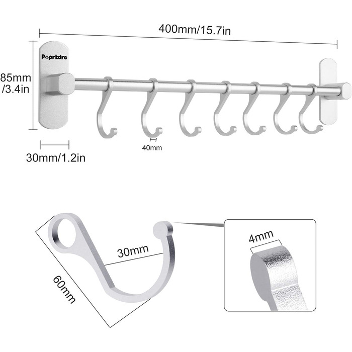 Крюк для кухні Poprkdre без свердління, самоклеюча кухонна рейка з 7 гачками, гачок для одягу без свердління, вантажопідйомність 20 кг, алюміній, матова обробка (срібло)