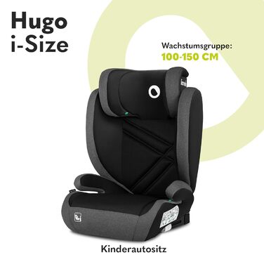 Дитяче автокрісло LIONELO HUGO I-SIZE, група 2 3, від 100-150 см, установка ISOFIX, регульований підголівник, піна з ефектом пам'яті, бічний захист, зручні підлокітники чорно-сірий