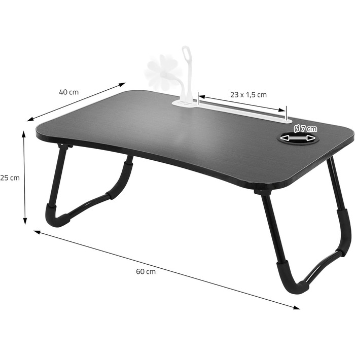 Столик для ноутбука ML-Design для ліжка/дивана, 60x40 см, розкладна тумбочка, стіл для ноутбука з 4 USB-портами для зарядки, висувна шухляда, USB-лампа, вентилятор, підставка для планшета, підстаканник, підставка для ноутбука Lapdesk (чорний)