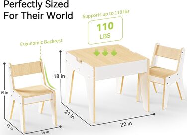 Дерев'яний дитячий набір меблів Wingyz 4-в-1: стіл, 2 стільці, стіл з місцем для зберігання. Ідеально для малювання, ігор та активностей.