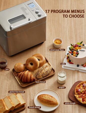 Хлібопічка Neretva з 17 програмами, об'ємом 2.2 кг, з дозатором горіхів та фруктів, керамічним антипригарним покриттям, для безглютенових продуктів, тіста, закваски та йогурту, срібна