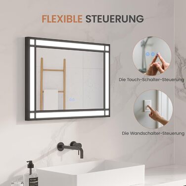 Дзеркало для ванної кімнати AQUABATOS LED з підсвічуванням 50x70 см, імітація вікна, сенсорне регулювання, антизапар, чорний алюмінієвий каркас, індустріальний стиль