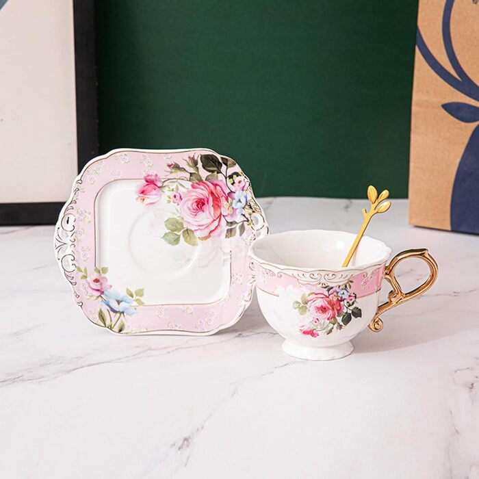 Набір чайних чашок і блюдець з квітами fanquare, рожева чашка для чаю та кави з золотою ручкою, 200 мл