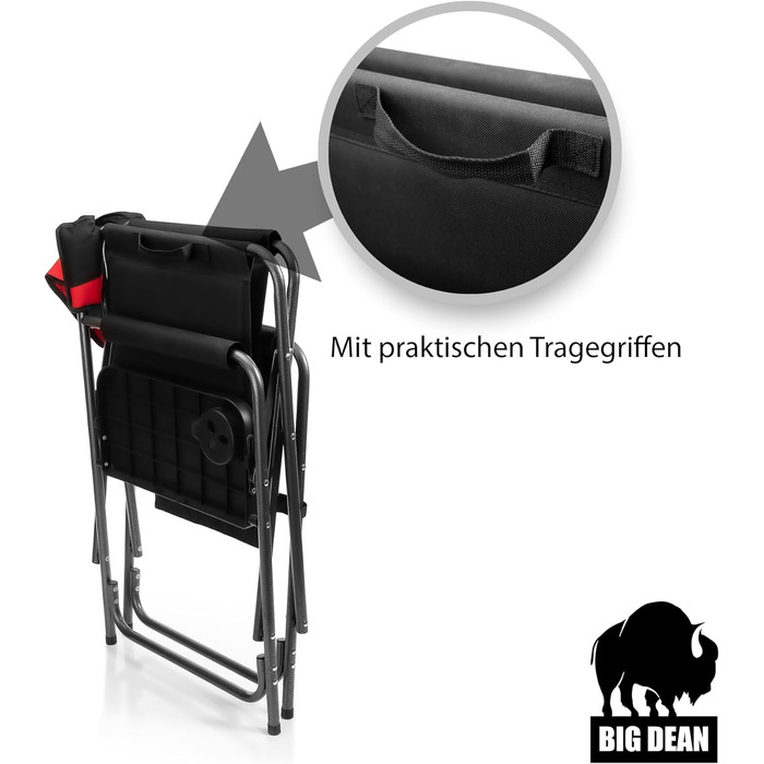 Крісло для кемпінгу BigDean Comfort чорного кольору з практичним розкладним столиком з підстаканником Крісло кемпінгове 62 х 83 см (ШхВ) з бічною кишенею - Розкладне крісло для риболовлі - Розкладне крісло з навантаженням до 180 кг