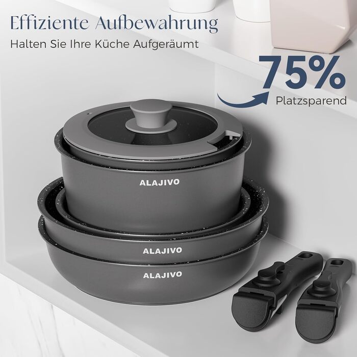 Набір посуду 17 частин з знімним ручками, антипригарне покриття, для всіх типів плит, включаючи індукційні, сумісний з духовкою (сірий)