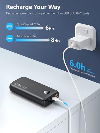 МАг, зовнішній акумулятор USB-C 22,5 Вт, 4 порти, LED-дисплей, сумісний зі смартфоном/планшетом, 27 000