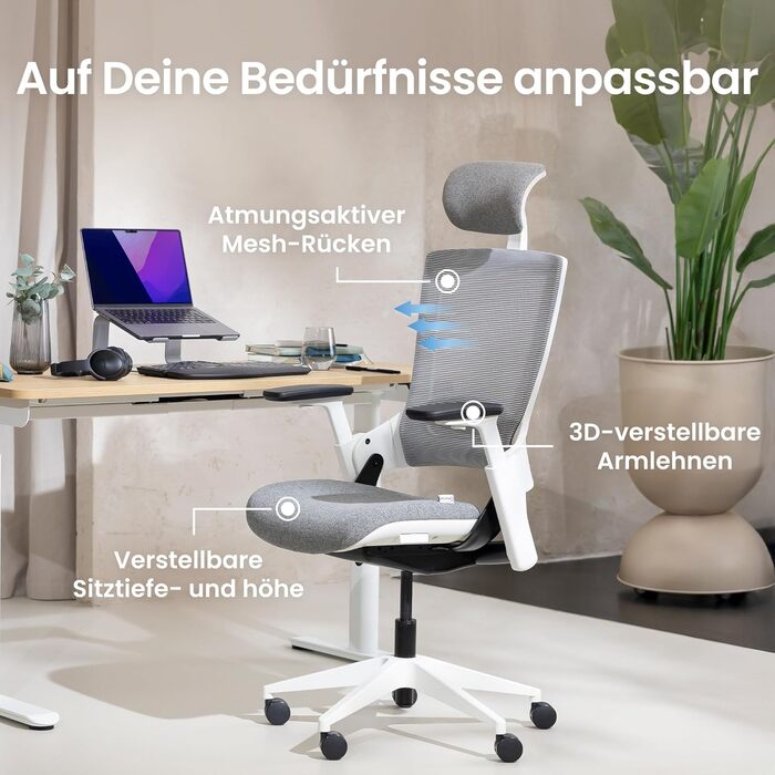 Ergotopia NextBack: ергономічне крісло для офісу з підтримкою спини | Крісло для роботи з підголівником та підлокітниками | 5 років гарантії (сірий/білий)