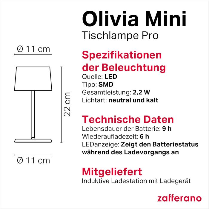 Zafferano Olivia Mini Лампа: Портативна LED-лампа з торканням, 22 см, фіолетовий колір, для дому та вулиці, диммер, 2700-3000K, з зарядним пристроєм (стара версія)