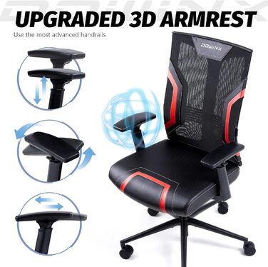 Ігровий крісло Dowinx для офісу та дому з підлокітниками 3D, регульоване, з функцією гойдання, шкіряне, поворотне, чорний/сірий (чорний/червоний)