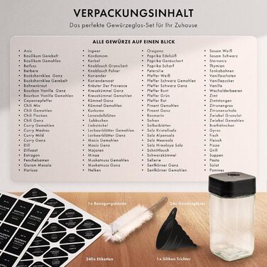 Набір баночок для спецій кутовий (24 x 120 мл) з кришками, ситечко, 240 чорних етикеток - високоякісні контейнери для спецій