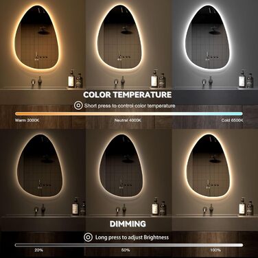 Дзеркало для ванної кімнати Dripex LED з підсвічуванням, сенсорне керування, регулювання яскравості, 3 кольори світла, без запотівання, 85x52 см