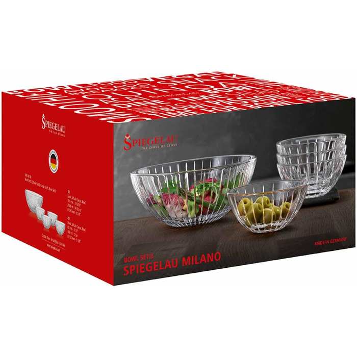 Набір чаш скляні салатники, 4 маленькі миски ø 13 см і 1 велика миска ø 24,5 см, Milano Spiegelau