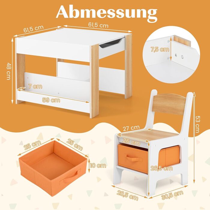 Дерев'яний дитячий стіл 4 в 1 DREAMADE з 2 стільцями, дошками та полицями, комплект меблів для дітей