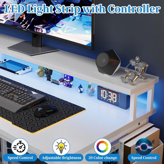 Кутовий стіл Grandder з LED-підсвічуванням та розетками, 120 см, ігровий стіл з 2 полицями, стіл для комп'ютера з підставкою для монітора, робоче місце для ПК, Homeoffice, карбоновий чорний (120 x 70 см, білий)
